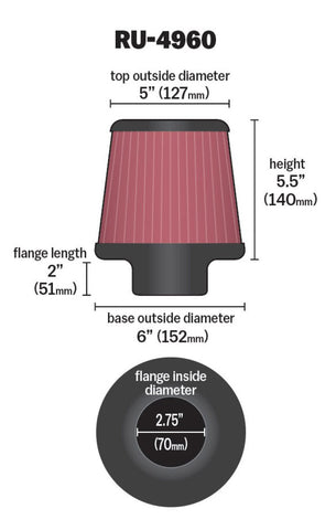 K&N Filter Universal Rubber Filter 2 3/4 inch Flange 6 inch Base 5 inch Top 5 1/2 inch Height - RU-4960