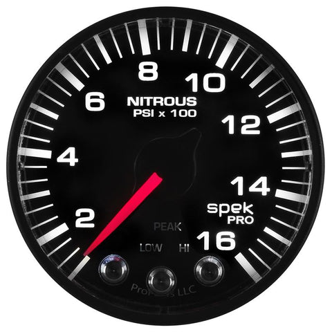 Autometer Spek-Pro Gauge Nitrous Press 2 1/16in 1600psi Stepper Motor W/Peak & Warn Blk/Blk - P320328