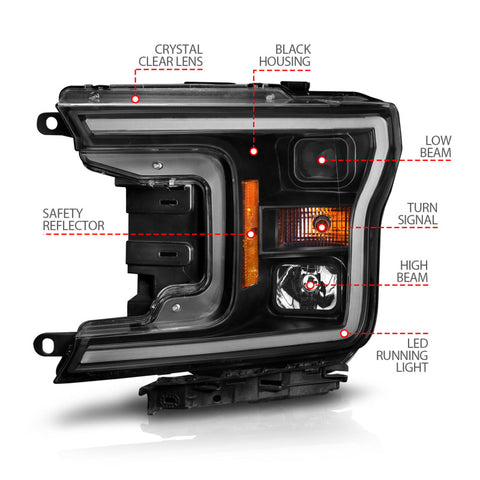 ANZO 2018-2020 Ford F-150 Projector Headlight w/ Plank Style Switchback Black Housing - 111509