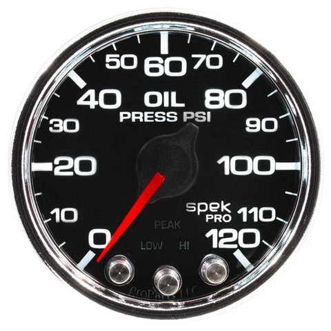 Autometer Spek-Pro Gauge Oil Press 2 1/16in 120psi Stepper Motor W/Peak & Warn Blk/Chrm - P32531