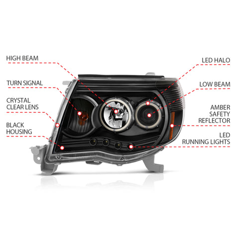ANZO 2005-2011 Toyota Tacoma Projector Headlights w/ Halo Black - 121282