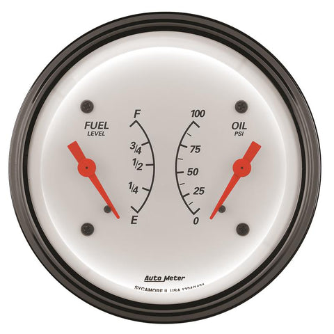 AutoMeter Gauge Dual Fuel & Oilp 3-3/8in. 0 Ohm(e) to 90 Ohm(f)& 100PSI Elec Arctic White - 1324