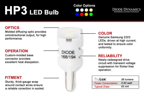Diode Dynamics 194 LED Bulb HP3 LED - Amber (Pair) - DD0018P