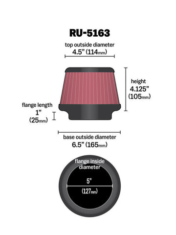 K&N Universal Rubber Filter 5in Flange ID x 6.5in Base OD x 4.5in Top OD x 4.125in Height - RU-5163