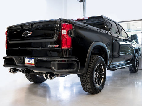 AWE Tuning 22-23 GMC Sierra 1500 AT4X 6.2L 0FG Catback Split Dual (Flat Bumper) - Chrome Silver Tips - 3015-42284