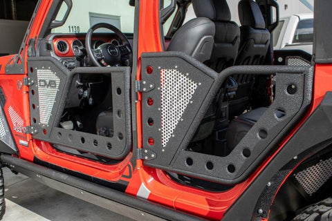 DV8 Offroad Jeep 18+ Wrangler JL / 20+ Gladiator JT Rear Rock Doors w/ Perforated Aluminum Mesh - RDJL-01R