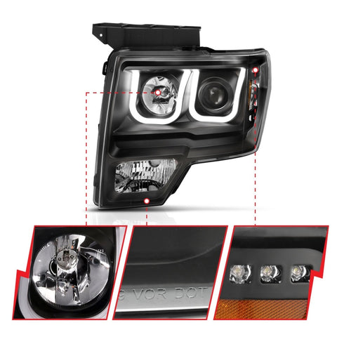 ANZO 2009-2014 Ford F-150 Projector Headlights w/ U-Bar Black Amber (HID TYPE) (WITHOUT HID KIT) - 111351