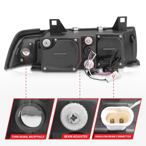 ANZO 1992-1998 BMW 3 Series E36 Projector Headlights w/ Halo Black G2 1 pc - 121325