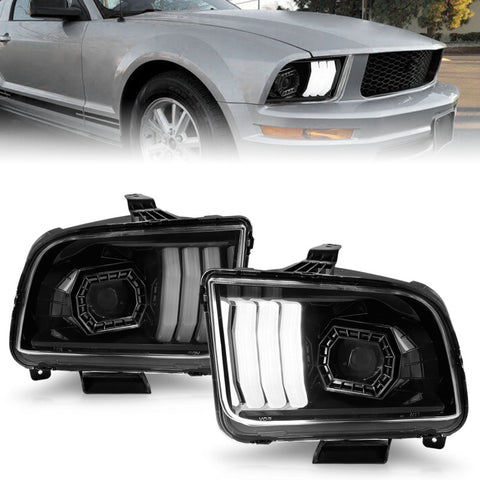 ANZO 05-09 Ford Mustang (w/Factory Halogen HL Only) Projector Headlights w/Light Bar Black Housing - 121566