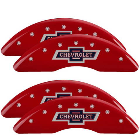 MGP 4 Caliper Covers Engraved F & R 100th Anniv Red Finish Silver Char 2019 Chevy Silverado 3500 HD - 14173SBANRD