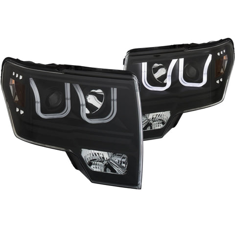 ANZO 2009-2014 Ford F-150 Projector Headlights w/ U-Bar Black Amber (HID TYPE) (WITHOUT HID KIT) - 111351