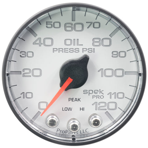 Autometer Spek-Pro Gauge Oil Press 2 1/16in 120psi Stepper Motor W/Peak & Warn Wht/Blk - P325128
