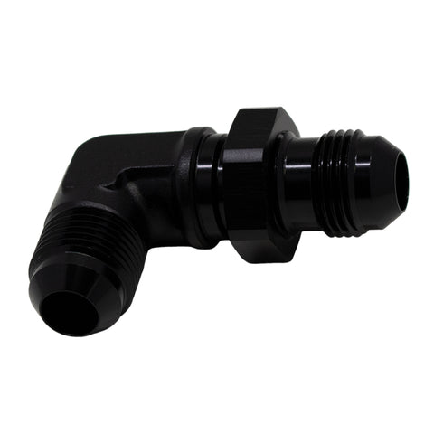 DeatschWerks 8AN Male Flare to 8AN Male Flare Bulkhead Adapter 90-Degree - Anodized Matte Black - 6-02-0711-B
