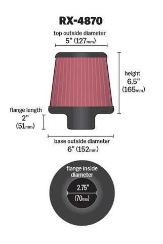 K&N Filter Universal X Stream Clamp-On 2 3/4 inch Flange 6 inch Base  5 inch Top 6 1/2 inch Height - RX-4870