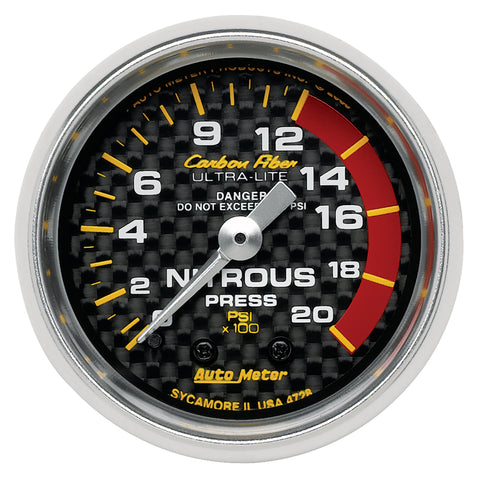 Autometer Carbon Fiber 52mm 1600 PSI Mechanical Nitrous Pressure Gauge - 4728