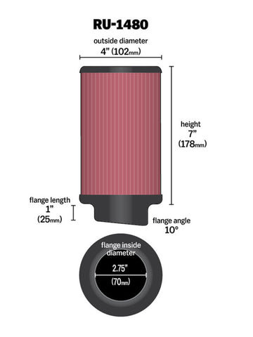 K&N Filter Universal Rubber Filter 10 Degree Flange Angle 4in OD x 2.75in Flange ID x 7in H - RU-1480