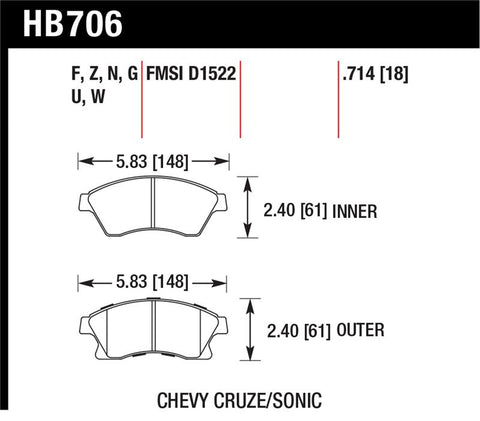 Hawk 11-12 Chevy Cruze Eco/LS/1LT/2LT/LTZ / 12 Sonic LS/LT/LTZ DTC-60 Front Race Brake Pads - HB706G.714