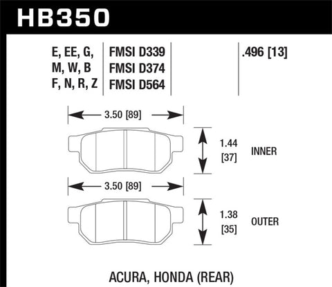 Hawk 90-01 Acura Integra GS/GSR / 93-97 Honda Civic Del Sol Black Race Rear Brake Pads - HB350M.496