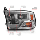 ANZO 2009-2018 Dodge Ram 1500/ 2500/ 3500 Crystal Headlights w/ Light Bar Chrome Housing - 111516