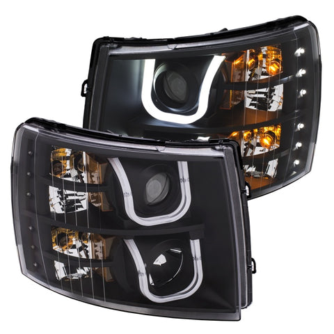 ANZO 2007-2013 Chevrolet Silverado 1500/2500 Projector Headlights w/ U-Bar Switchback Black w/ Amber - 111384