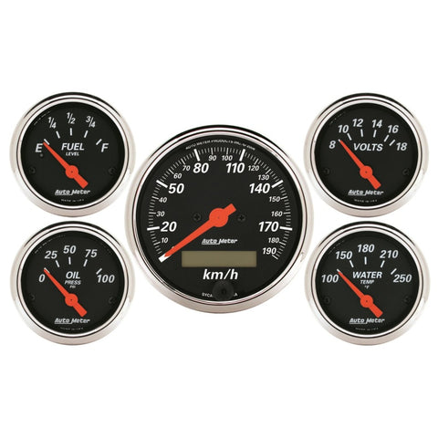 Autometer Designer Black 5 Pc Kit w/ Elec KMH Speedo, Oil Press, Water Temp, Volt, Fuel Level - 1421-M