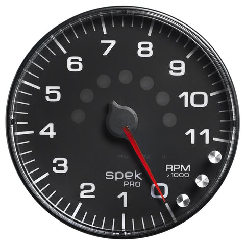 Autometer Spek-Pro Gauge Tachometer 5in 11K Rpm W/Shift Light & Peak Mem Black/Black - P239328