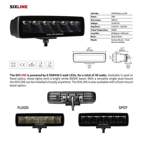 Go Rhino Xplor Blackout Series Sixline LED Flood Light Kit (Flush Mount) - Blk (Pair) - 750300621FBF