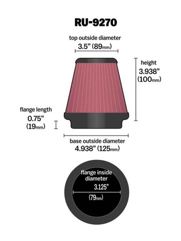 K&N Universal Tapered Filter 3-1/8in Flange IDx4-15/16in Base OD x 3-1/2in Top OD x 3-15/16in Height - RU-9270