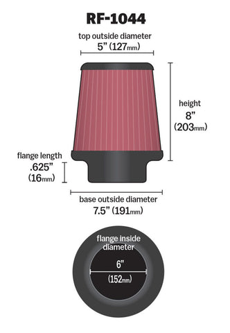 K&N Round Tapered Universal Air Filter 6 inch Flange 7.5 inch Base 5 inch Top 8 inch Height - RF-1044