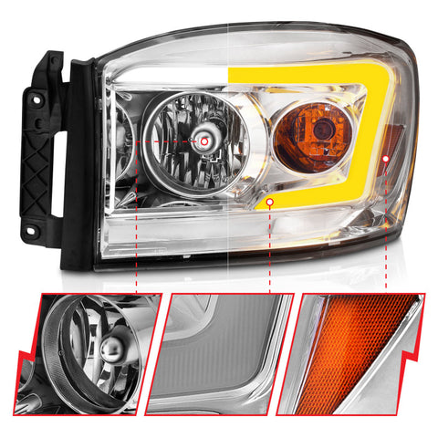 ANZO 06-09 Dodge RAM 1500/2500/3500 Headlights Chrome Housing/Clear Lens (w/Switchback Light Bars) - 111527
