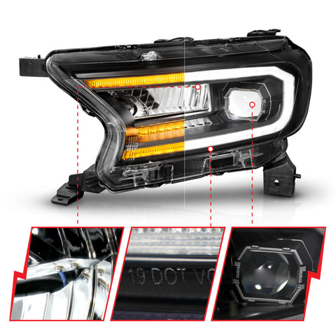 ANZO 19-23 Ford Ranger Full LED Projector Headlights w/ Initiation & Sequential - Black - 111613
