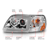 ANZO 1997-2003 Ford F-150 Projector Headlights w/ Light Bar Chrome Housing - 111504