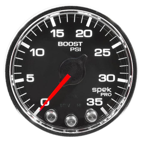 Autometer Spek-Pro Gauge Boost 2 1/16in 35psi Stepper Motor W/Peak & Warn Black/Chrome - P30331
