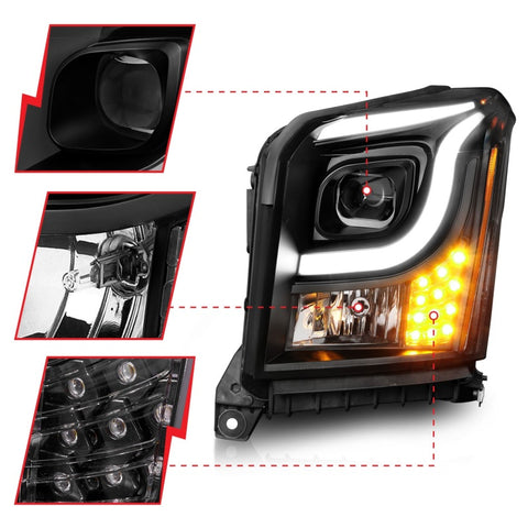 ANZO 15-17 GMC Yukon/Yukon XL Projector Headlights Black Housing/Clear Lens (w/ Light Bars) - 111535