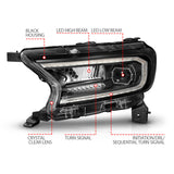 ANZO 19-23 Ford Ranger Full LED Projector Headlights w/ Initiation & Sequential - Black - 111613