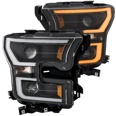 ANZO 2015-2017 Ford F-150 Projector Headlights w/ Plank Style Switchback Black w/ Amber - 111357