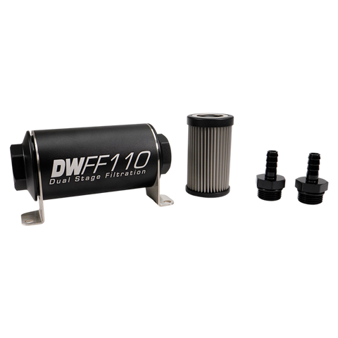 DeatschWerks Stainless Steel 3/8in 100 Micron Universal Inline Fuel Filter Housing Kit (110mm) - 8-03-110-100K-38