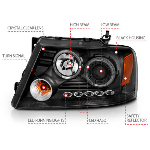 ANZO 2004-2008 Ford F-150 Projector Headlights w/ Halo and LED Black G2 - 111204