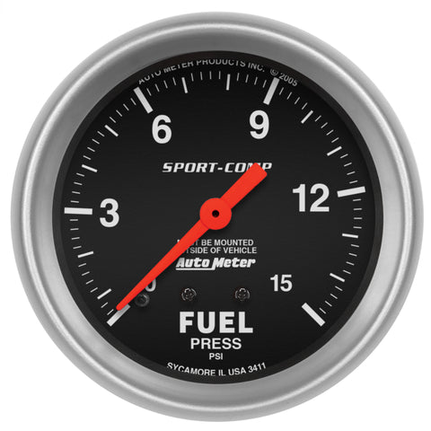 Autometer Sport-Comp 2 5/8in 0-15 PSI Mechanical Fuel Pressure Gauge - 3411