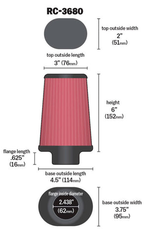 K&N Universal Clamp-On Air Filter 2-7/16in Flange 4-1/2x3-3/4in Base 3x2in Top 6in Height - RC-3680