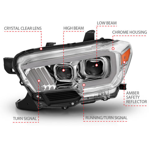 ANZO 2016-2017 Toyota Tacoma Projector Headlights w/ Plank Style Design Chrome/Amber w/ DRL - 111380