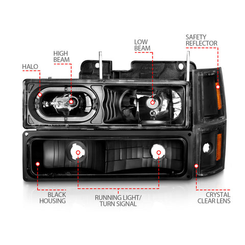 ANZO 88-98 Chevrolet C1500 Crystal Headlights Black Housing w/ Signal and Side Marker Lights - 111507