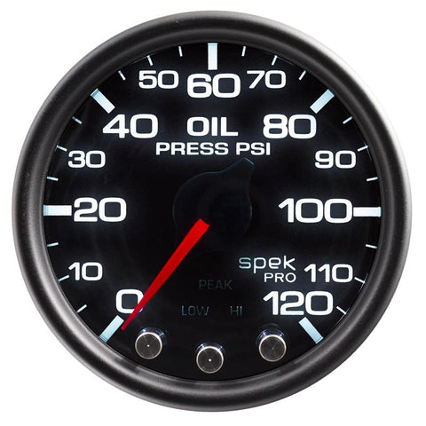 Autometer Spek-Pro Gauge Oil Press 2 1/16in 120psi Stepper Motor W/Peak & Warn Blk/Smoke/Blk - P32552
