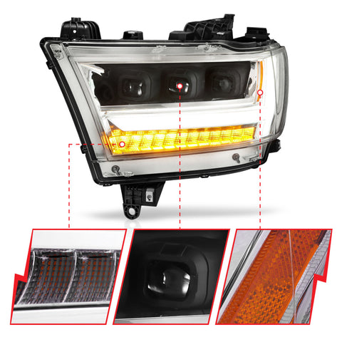 ANZO 19-20 Dodge Ram 1500 Tradesman LED Projector Headlights Plank Style w/Sequential Black (Driver) - 111495-L