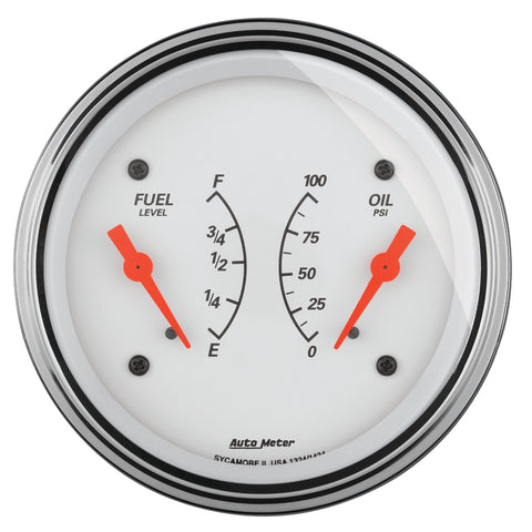 AutoMeter Gauge Dual Fuel & Oilp 3-3/8in. 0 Ohm(e) to 90 Ohm(f)& 100PSI Elec Arctic White - 1324