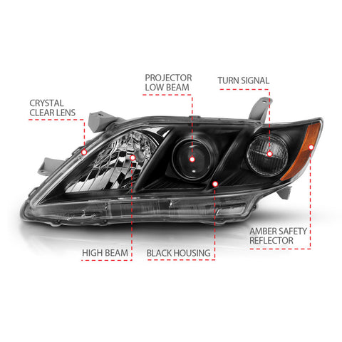 ANZO 2007-2009 Toyota Camry Projector Headlight Black Amber - 121539