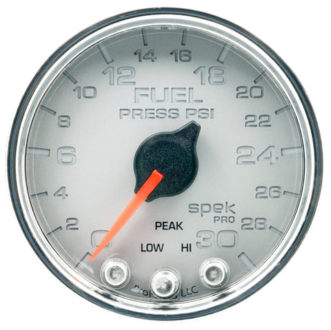 Autometer Spek-Pro Gauge Fuel Press 2 1/16in 30psi Stepper Motor W/Peak & Warn Slvr/Chrm - P31621