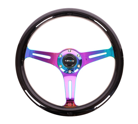 NRG Classic Wood Grain Steering Wheel (350mm) Black Paint Grip w/Neochrome 3-Spoke Center - ST-015MC-BK