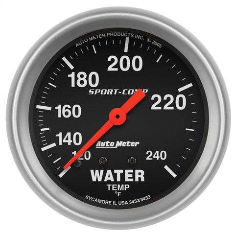 Autometer Sport-Comp 2-5/8in 120-240 F Mechanical Water Temp Gauge 12ft Tubing - 3433