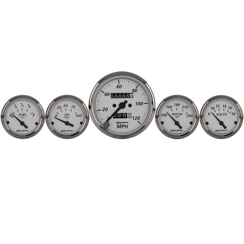 Autometer Silver 5 Pc Kit Box w/ Mech. Speedo / Elec Oil Press / Water Temp / Volt / Fuel Level - 1901
